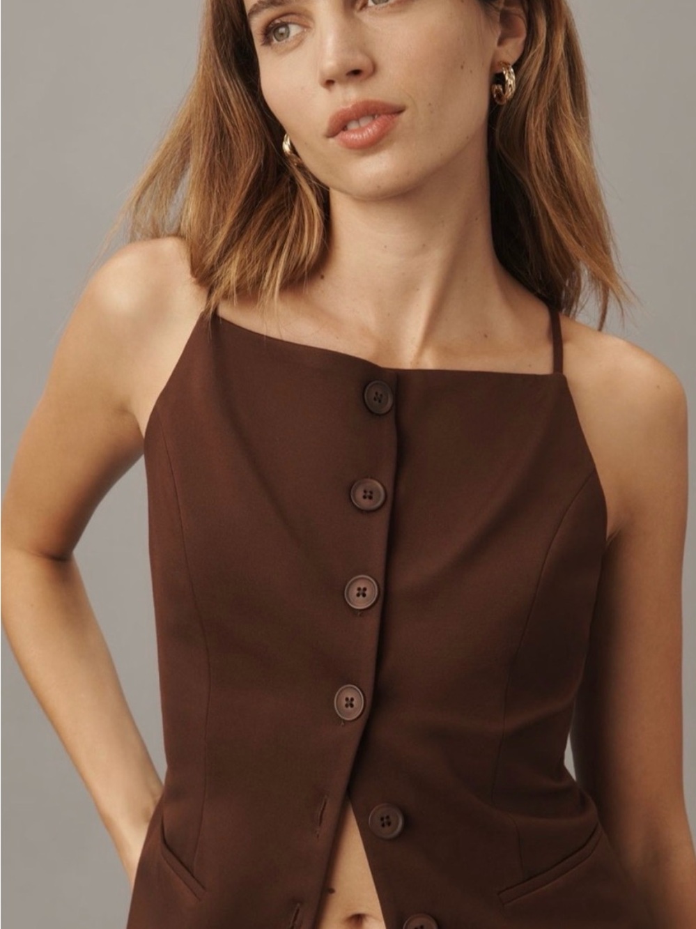 Anthropologie Brown Button-Front Spaghetti Strap Vest